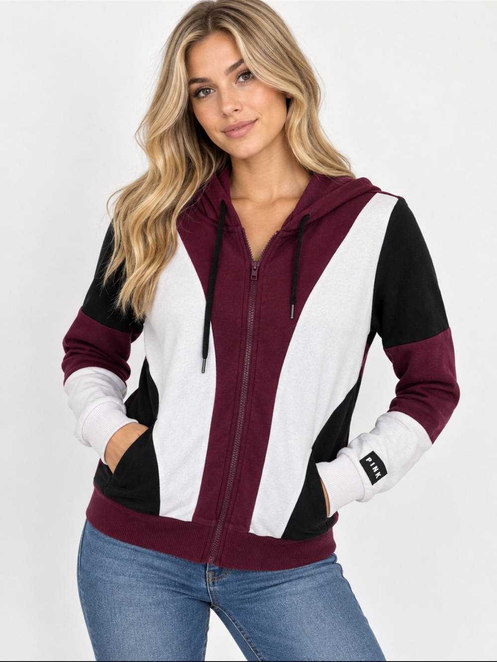 Victoria’s Secret PINK Colorblock Full Zip Hoodie Burgundy Black White S